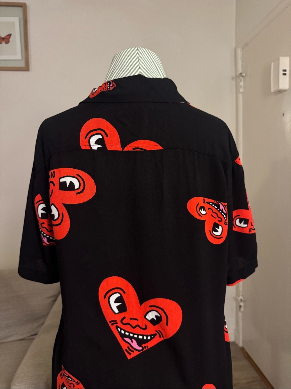 Keith Haring Heart Face Button Up Shirt Black Red Size S - Picture 4 of 6
